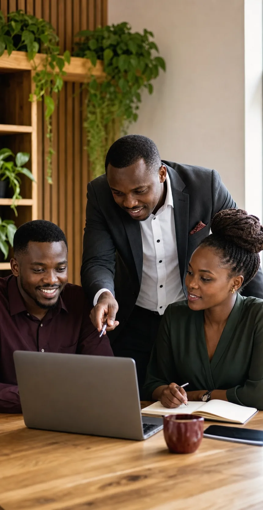 Kisaka professionals learning together around a laptop