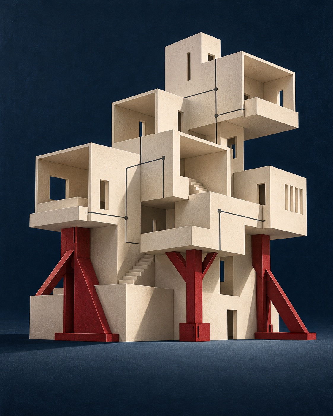 A growing modular paper structure supported by three clearly defined red braces