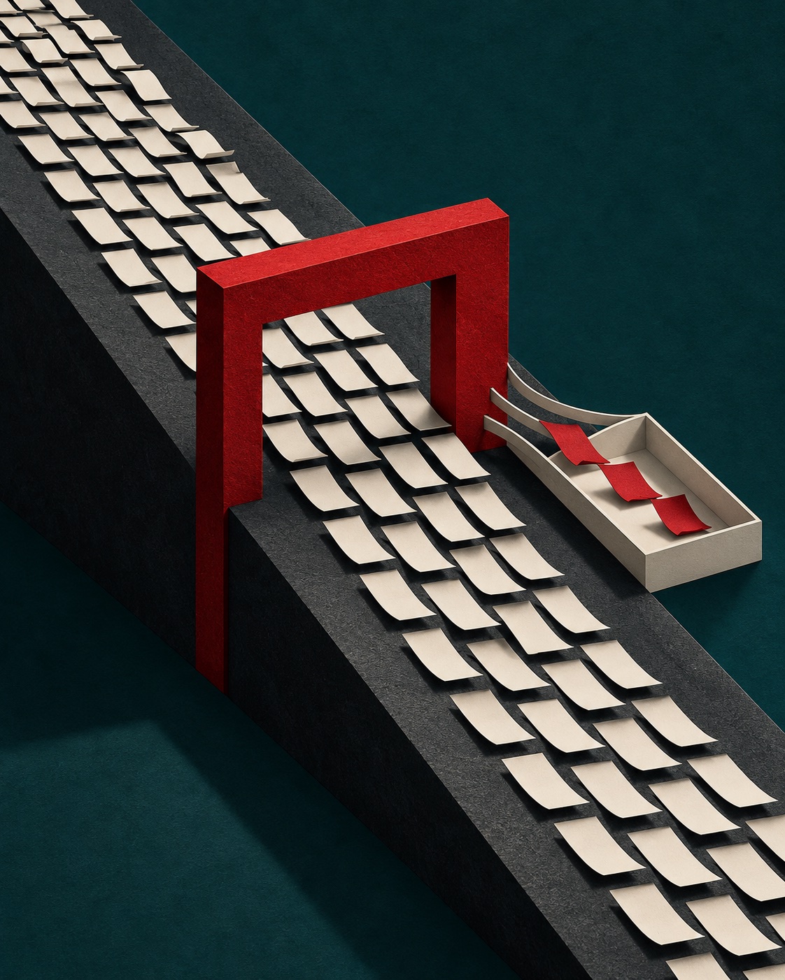 A stream of paper slips passing through a defined gate, with red exceptions held for review