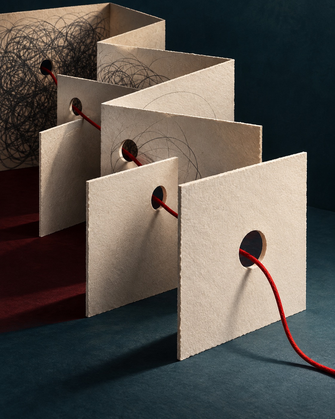 Editorial artwork of a red thread finding a clear path through layered paper
