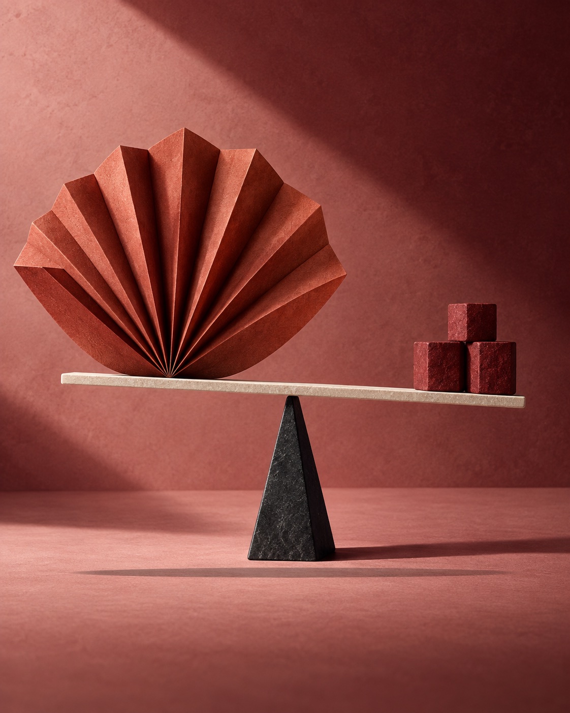 An expanding paper structure balanced on a narrowing support with visible counterweights