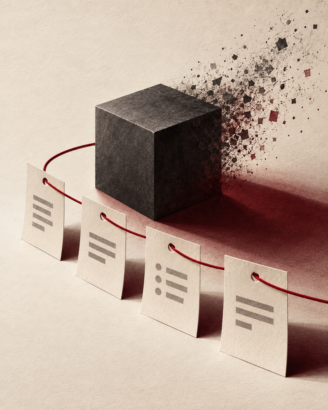 Four paper records connected by a red thread beside an opaque graphite cube